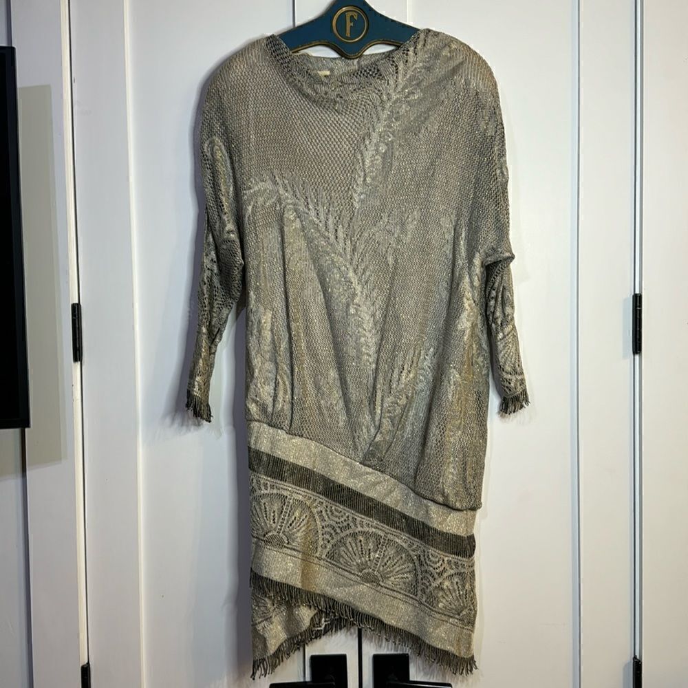 Vintage Damianou Metallic Gold Lace Fringe Dress Size Small